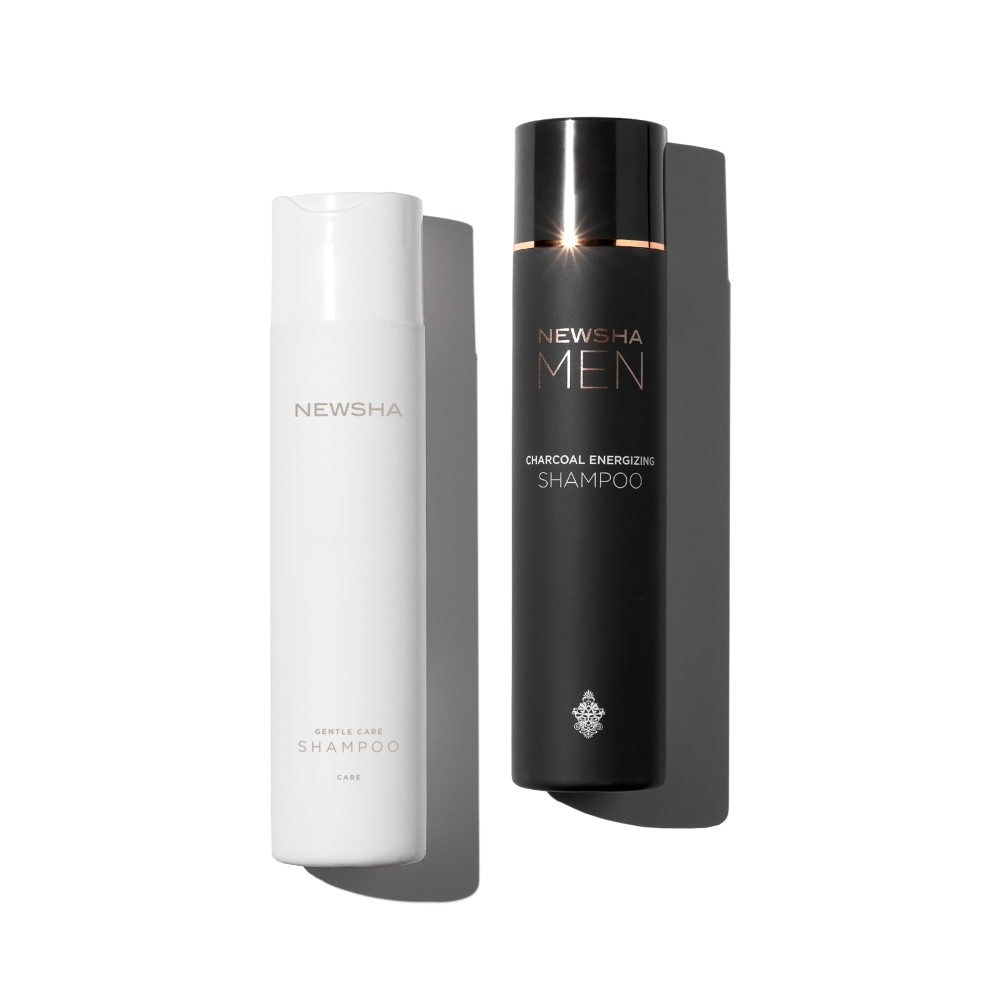 Pflegeshampoo-Duo für empfindliche Kopfhaut und kraftvolles Männerhaar. Gentle Care Shampoo und Charcoal Energizing Shampoo von NEWSHA sorgen für sanfte Reinigung und belebende Frische bei jeder Haarwäsche.