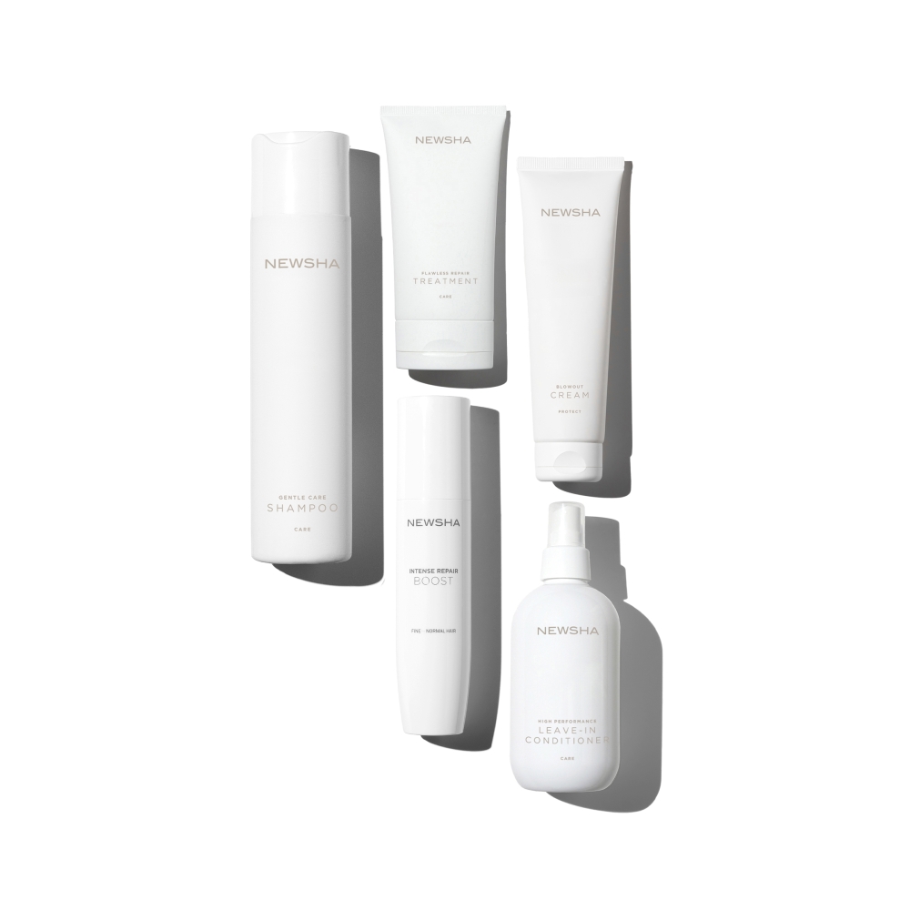 Pflegeset für beanspruchtes Haar bestehend aus Shampoo, Treatment, Blowout Cream, Repair Boost und Leave-In Conditioner – ideal zur Regeneration, Hitzeschutz und Stärkung der Haarstruktur.